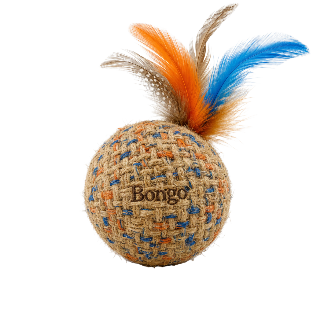 Woven sisal Bongo cat ball with blue and orange fibers and mixed feathers