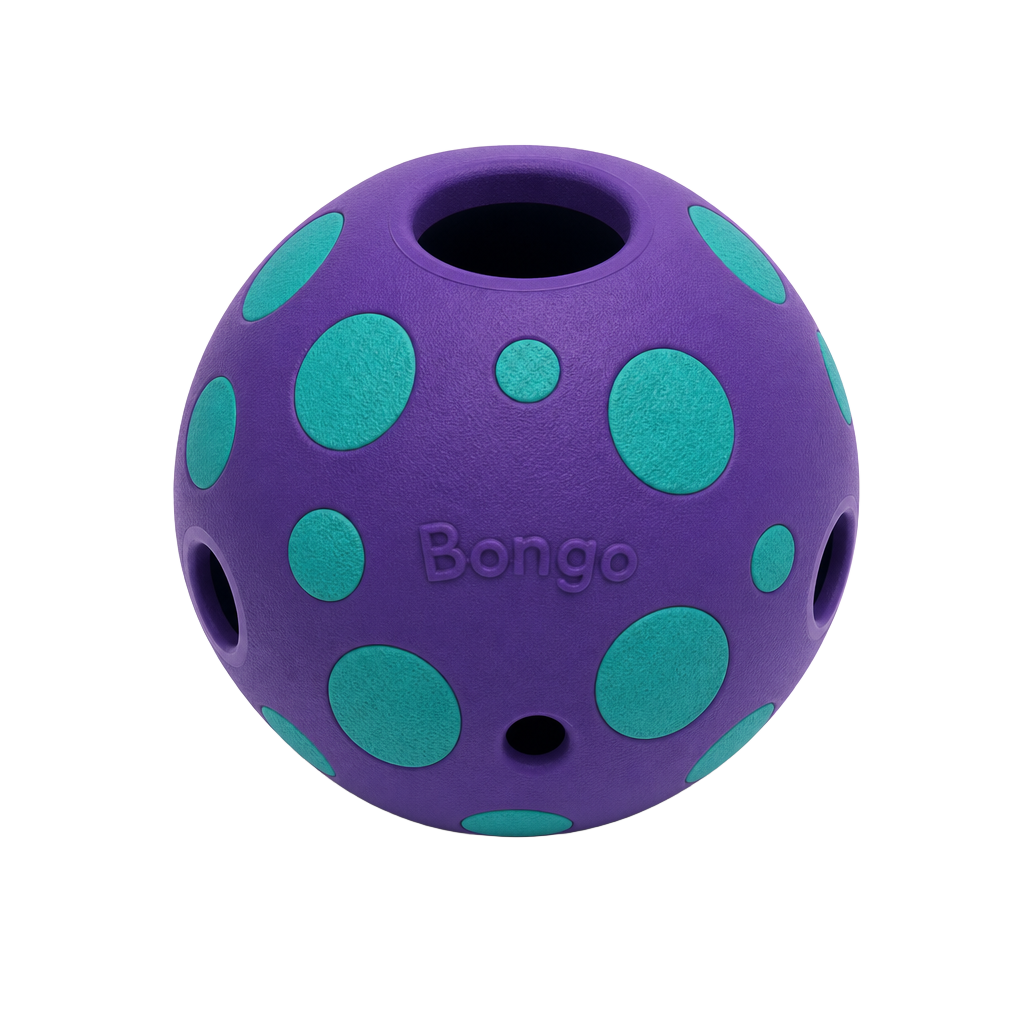 Purple Bongo treat ball with teal dots and a large treat opening